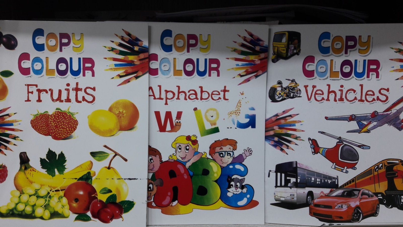 Secb42de403eb46c88d8e9cd8a2b3c6abj.jpg Copy Colour Fruits , Alphabet , Vehicles Set Of 3 Books - Image 1